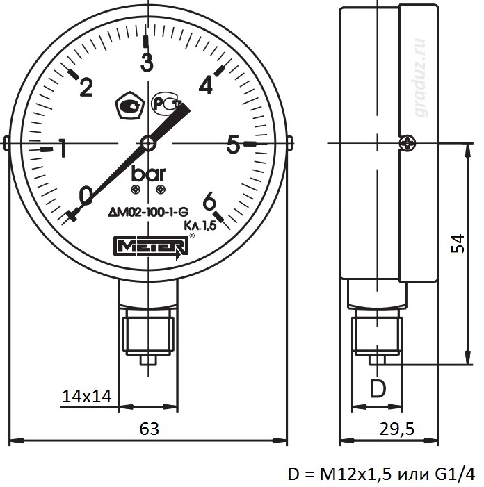 Габариты манометра ДМ 02-063-1-М(G)-0...25 кгс/см2-1,5 радиальное крепление штуцера