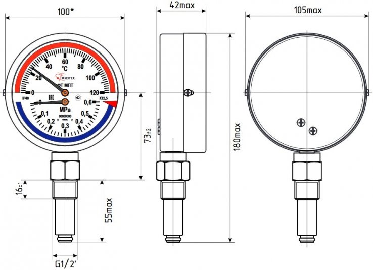 Габариты радиального термоманометра ФТ МПТ, диаметр 100 миллиметров