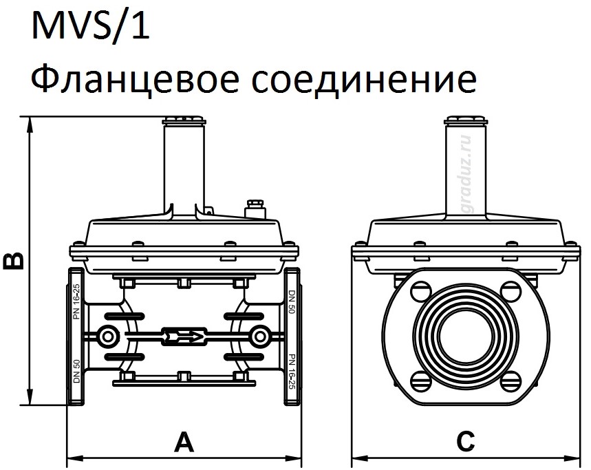 Габаритный чертёж клапана MVS/1. Фланцевое соединение