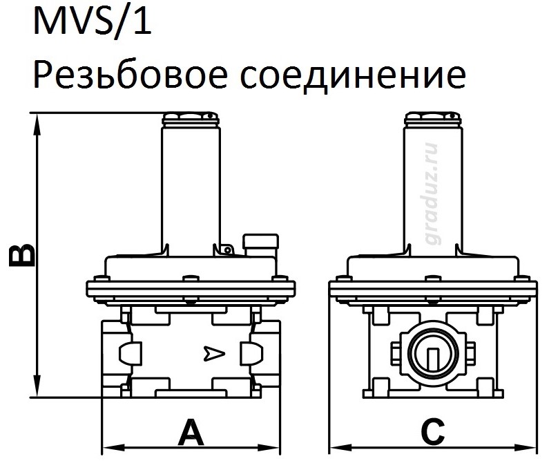 Габаритный чертёж клапана MVS/1. Резьбовое соединение